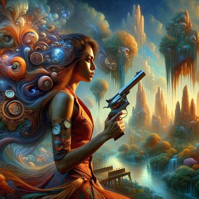 The primary subject of the image is a woman holding a gun. She is dressed in a red dress and appears to be the main focus of the scene. The setting is a fantasy world with a backdrop of a forest, and the visual style is a digital art or illustration. The colors in the image are predominantly red and orange, creating a warm and vibrant atmosphere.
